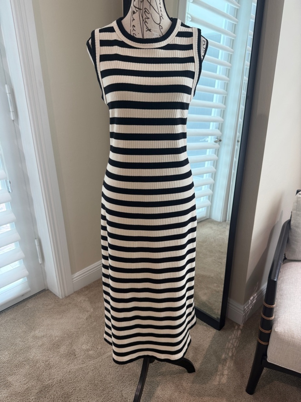 Karen Kane Black and White Striped Sleeveless Midi Dress! So flattering.